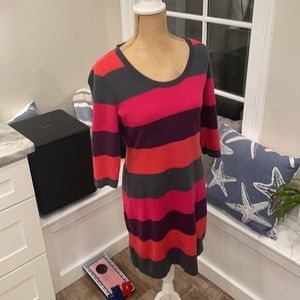{Calvin Klein} orange, purple, pink, and grey sweater fitted dress